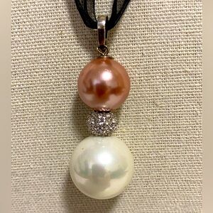 White and Mauve Authentic Shell Pearl Rhinestone Silver Pendant Enhancer  1 3/4…